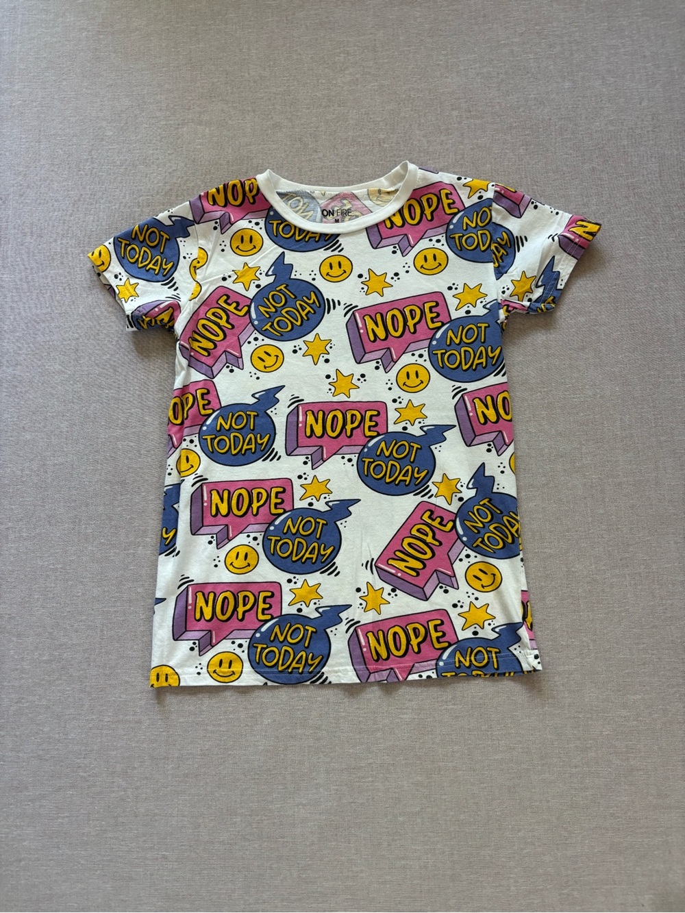 On Fire pop art funky graphic print pink & blue tee.